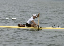 Christine on an outrigger